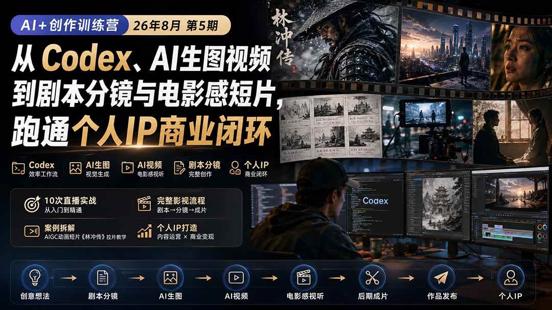 (20145期)AI+创作训练营26年8月第5期:从Codex、AI生图视频到剧本分镜与电影感短片,跑通个人IP商业闭环 (20145期)AI+创作训练营26年8月第5期:从Codex、AI生图视频到剧本分镜与电影感短片,跑通个人IP商业闭环