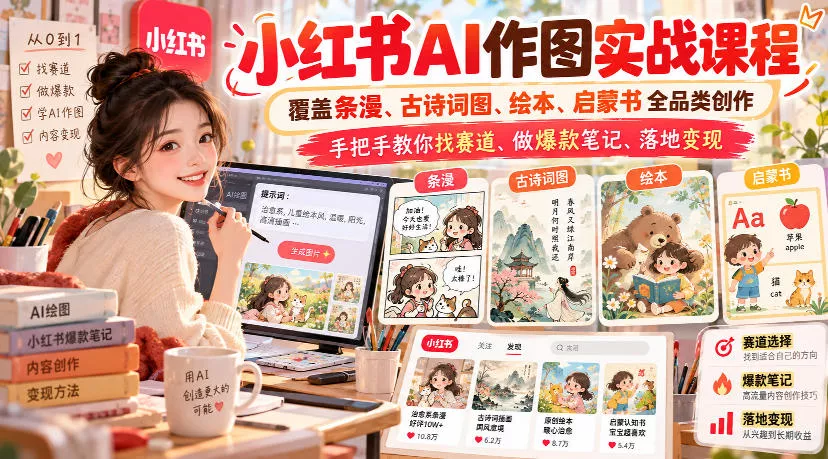 小红书AI作图实战课程，覆盖条漫、古诗词图、绘本、启蒙书全品类创作，手把手教你找赛道、做爆款笔记、落地变现(更新1017)-易创网