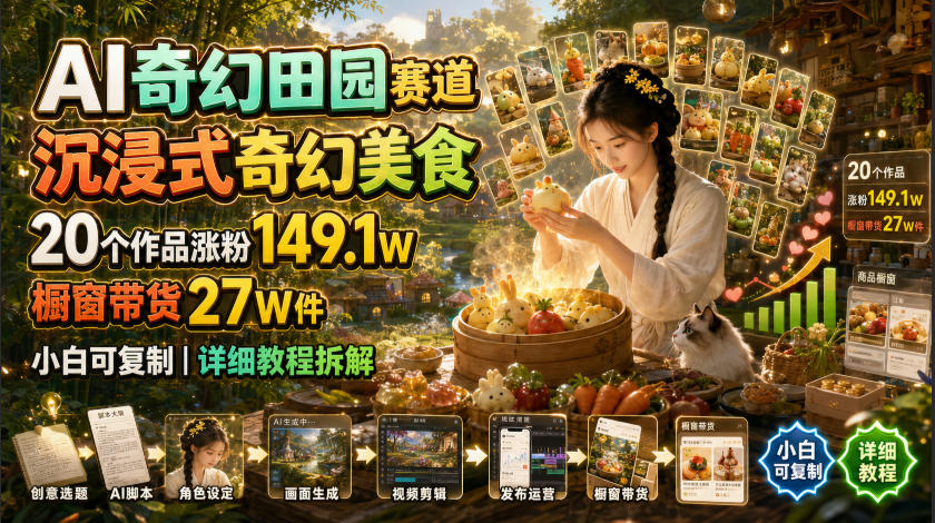 AI奇幻田园赛道，沉浸式奇幻美食，20个作品涨粉149.1W，橱窗带货27W件，小白可复制，详细教程拆解-易创网
