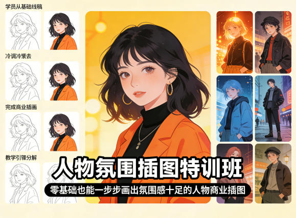 人物氛围插图特训班，零基础也能一步步画出氛围感十足的人物商业插图-易创网