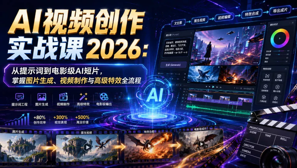 AI视频创作实战课2026：从提示词到电影级AI短片，掌握图片生成、视频制作与高级特效全流程-易创网