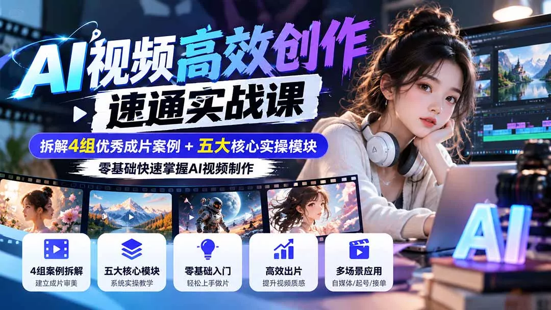【无水印】AI视频高效创作速通实战课：拆解4组优秀成片案例+五大核心实操模块，零基础快速掌握AI视频制作-易创网
