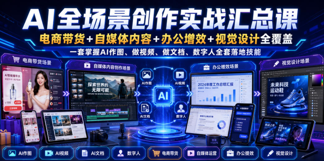 AI全场景创作实战汇总课｜电商带货+自媒体内容+办公增效+视觉设计全覆盖，一套掌握AI作图、做视频、做文档、数字人全套落地技能-易创网
