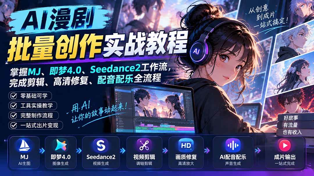（20488期）AI漫剧批量创作实战教程：掌握MJ、即梦4.0、Seedance2工作流，完成剪辑、高清修复、配音配乐全流程-易创网