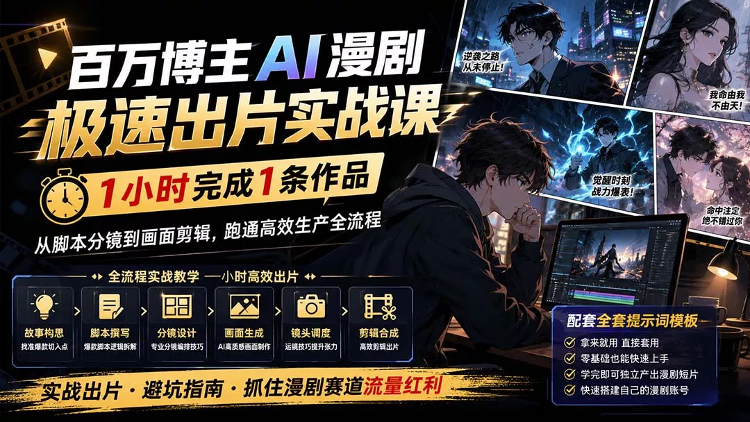 百万博主AI漫剧极速出片实战课:1小时产出条作品,从脚本分镜到画面剪辑,跑通高效生产全流程 百万博主AI漫剧极速出片实战课:1小时产出条作品,从脚本分镜到画面剪辑,跑通高效生产全流程