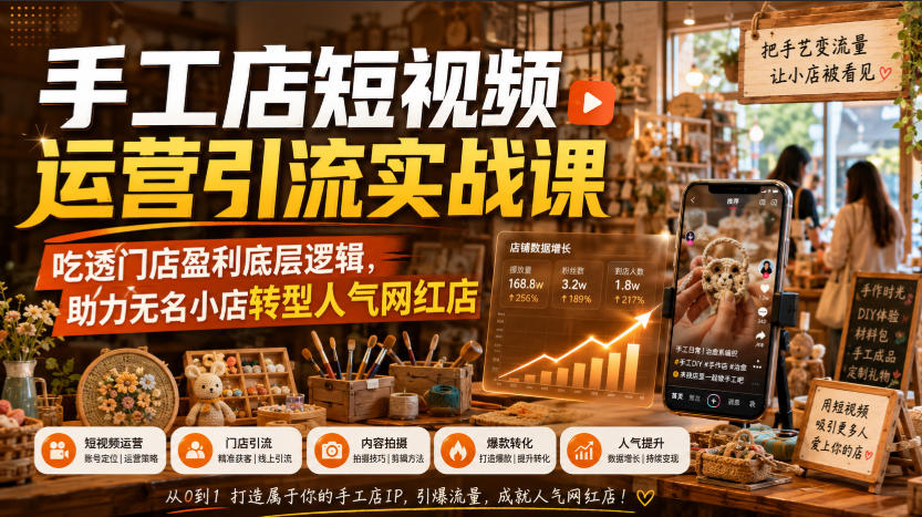 手工店短视频运营引流实战课，吃透门店盈利底层逻辑，助力无名小店转型人气网红店-易创网