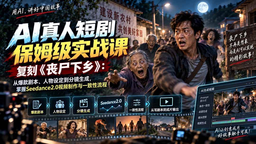 （20360期）AI真人短剧保姆级实战课，复刻《丧尸下乡》：从爆款剧本、人物设定到分镜生成，掌握Seedance2.0视频制作与一致性流程-易创网