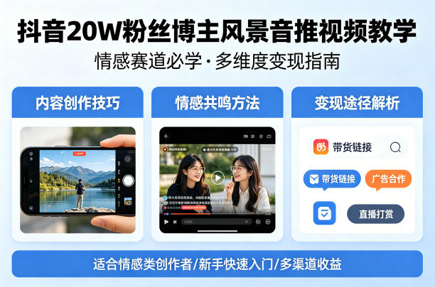 抖音20W粉丝博主风景音推视频教学，情感赛道必学，各种变现途径-易创网