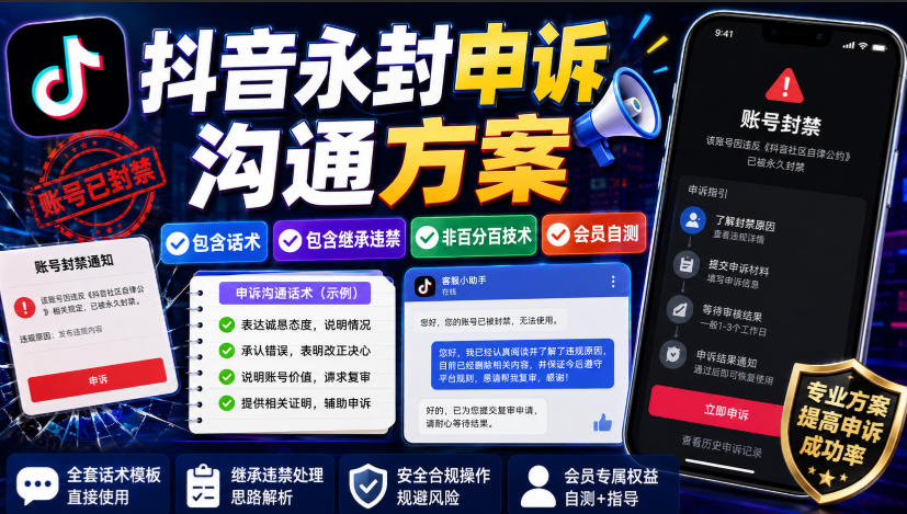 抖音永封申诉沟通方案，包含话术，包含继承违禁，非百分百技术，会员自测-易创网