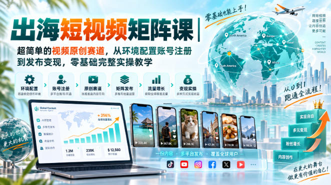 出海短视频矩阵课｜超简单的视频原创赛道，从环境配置账号注册到发布变现，零基础完整实操教学-易创网