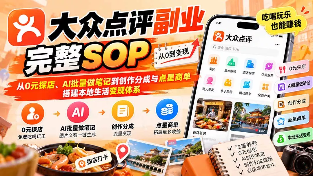 【无水印】大众点评副业完整SOP：从0元探店、AI批量做笔记到创作分成与点星商单，搭建本地生活变现体系-易创网