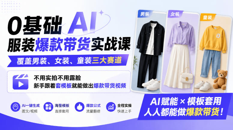 0基础AI服装爆款带货实战课｜覆盖男装、女装、童装三大赛道，不用实拍不用露脸，新手跟着套模板就能做出爆款带货视频-易创网