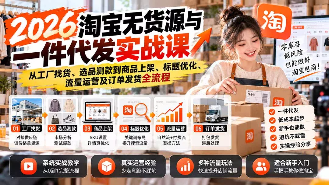 2026淘宝无货源与一件代发实战课：从工厂找货、选品测款到商品上架、标题优化、流量运营及订单发货全流程-易创网