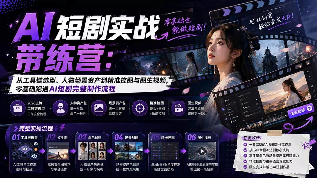 AI短剧实战训练营：从工具链选型、人物场景资产到精准控图与图生视频，零基础跑通AI短剧完整制作流程-易创网