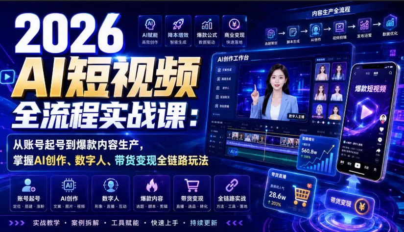 2026 AI短视频全流程实战课：从账号起号到爆款内容生产，掌握AI创作、数字人、带货变现全链路玩法-易创网
