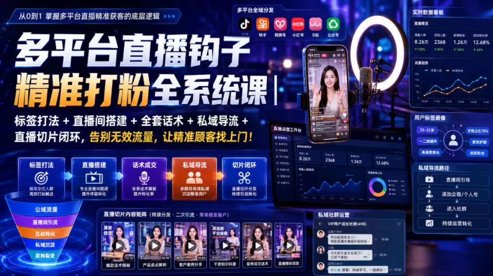多平台直播钩子精准打粉全系统课｜标签打法+直播间搭建+全套话术+私域导流+直播切片闭环，告别无效流量，让精准顾客找上门！-易创网