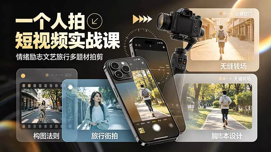 一个人拍短视频实战课：情绪励志文艺旅行多题材×五大景别×黄金构图×八大运镜，从拍摄到成片高效创作-易创网