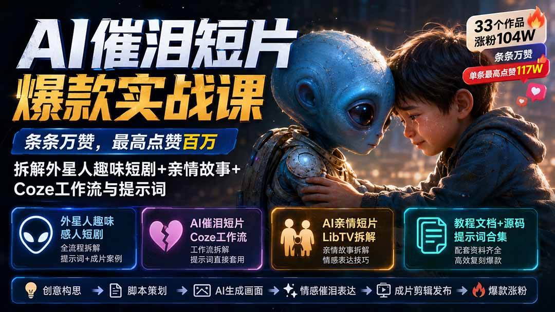 （20038期）AI催泪短片爆款实战课：条条万赞，最高点赞百万，拆解外星人趣味短剧+亲情故事+Coze工作流与提示词-易创网