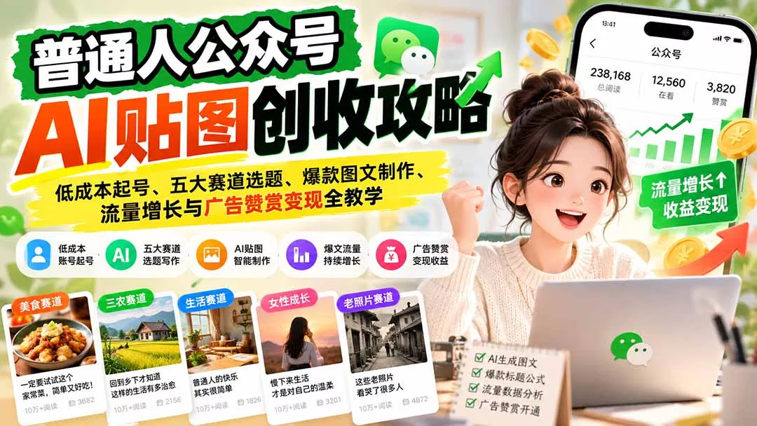 普通人公众号AI贴图创收攻略：低成本起号、五大赛道选题、爆款图文制作、流量增长与广告赞赏变现全教学-易创网