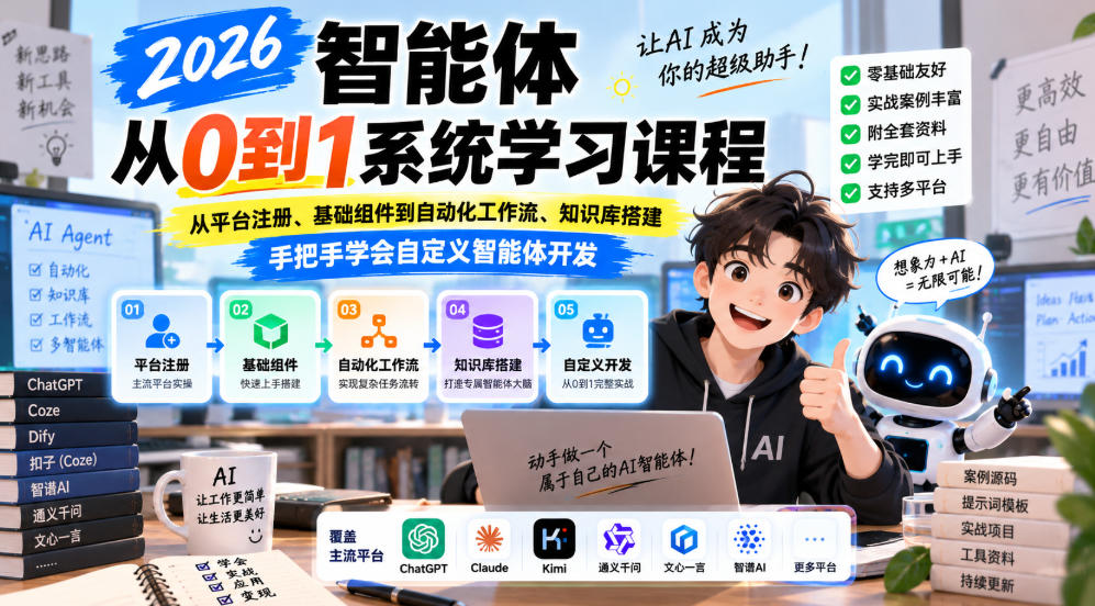 2026智能体从0到1系统学习课程，从平台注册、基础组件到自动化工作流、知识库搭建，手把手学会自定义智能体开发-易创网