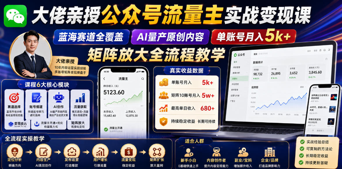 大佬亲授公众号流量主实战变现课，蓝海赛道全覆盖，AI量产原创内容，单账号月入5k+矩阵放大全流程教学-易创网