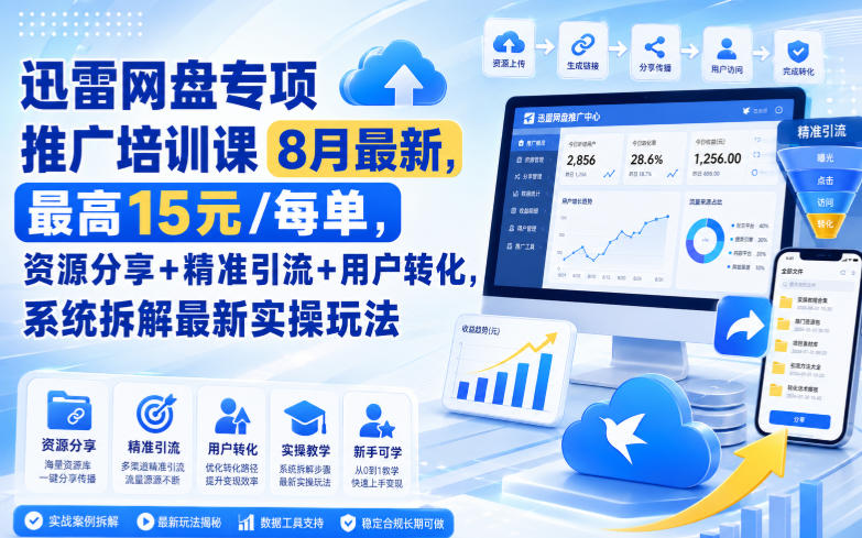 迅雷网盘专项推广培训课8月最新，最高15米/每单，资源分享+精准引流+用户转化，系统拆解最新实操玩法（更新0819）-易创网