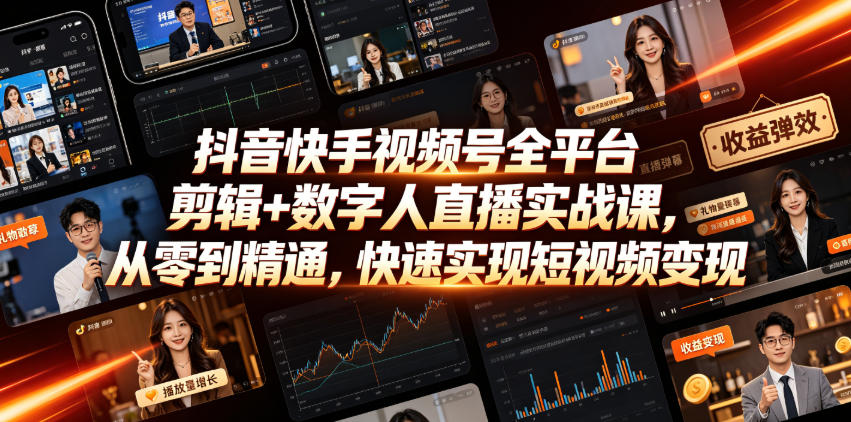 抖音快手视频号全平台剪辑+数字人直播实战课，从零到精通，快速实现短视频变现(更新2026年10月)-易创网
