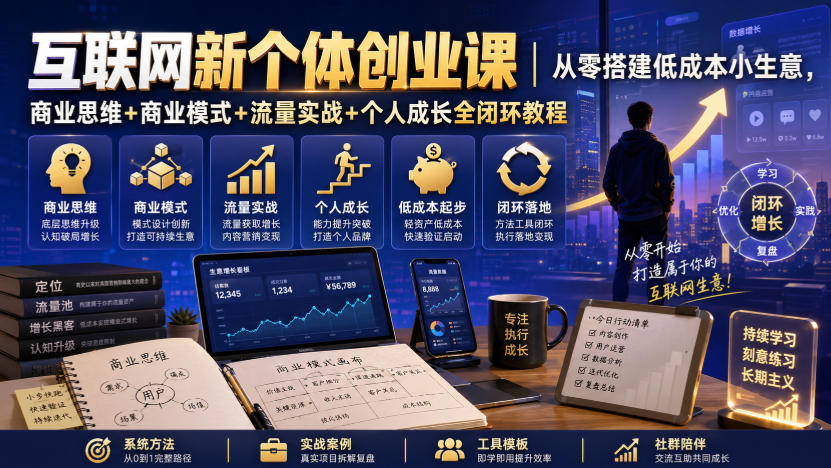 互联网新个体创业课｜从零搭建低成本小生意，商业思维+商业模式+流量实战+个人成长全闭环教程-易创网