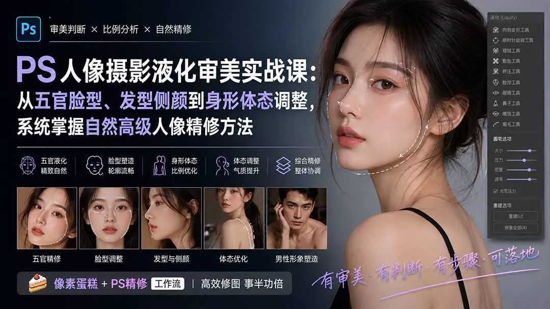 PS人像摄影液化审美实战课：从五官脸型、发型侧颜到身形体态调整，系统掌握自然高级人像精修方法-易创网