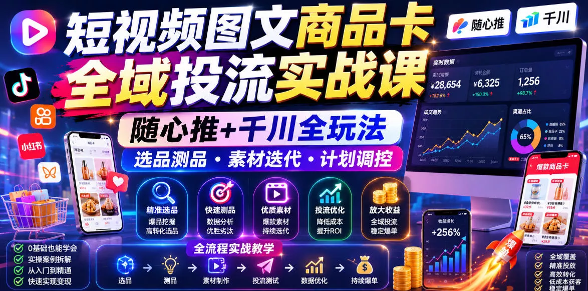短视频图文商品卡全域投流实战课，随心推+千川全玩法，选品测品・素材迭代・计划调控，提升ROI爆单增收教程-易创网