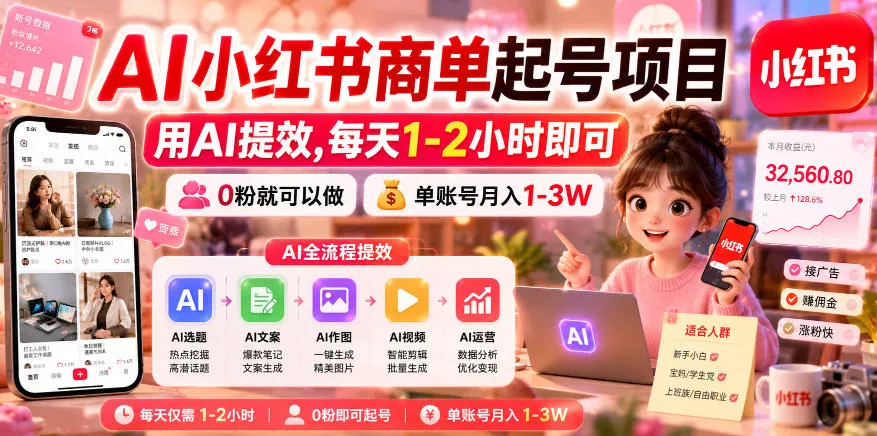 AI小红书商单起号项目，用AI提效,每天1-2小时即可，0粉就可以做，单账号月入1-3W-易创网