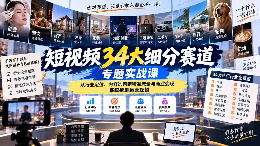 短视频34大细分赛道专题实战课：从行业定位、内容选题到精准流量与商业变现，系统拆解运营逻辑-易创网