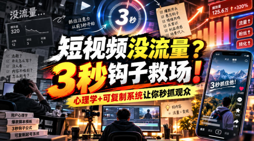 【无水印】短视频没流量？3秒钩子救场！心理学+可复制系统让你秒抓观众【原创双语字幕】-易创网