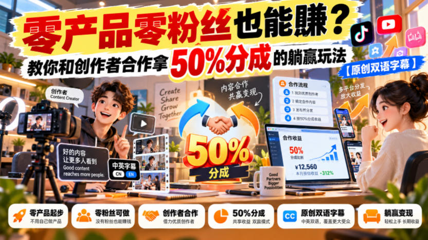 【无水印】零产品零粉丝也能賺？教你和创作者合作拿50%分成的躺赢玩法【原创双语字幕】-易创网