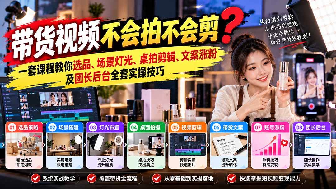 （20980期）带货视频不会拍不会剪？一套课程教你选品、场景灯光、桌拍剪辑、文案涨粉及团长后台全套实操技巧 复制标题-易创网