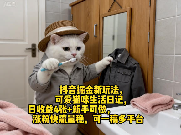 抖音掘金新玩法，可爱猫咪生活日记，日收益4张+新手可做，涨粉快流量稳，可一稿多平台-易创网