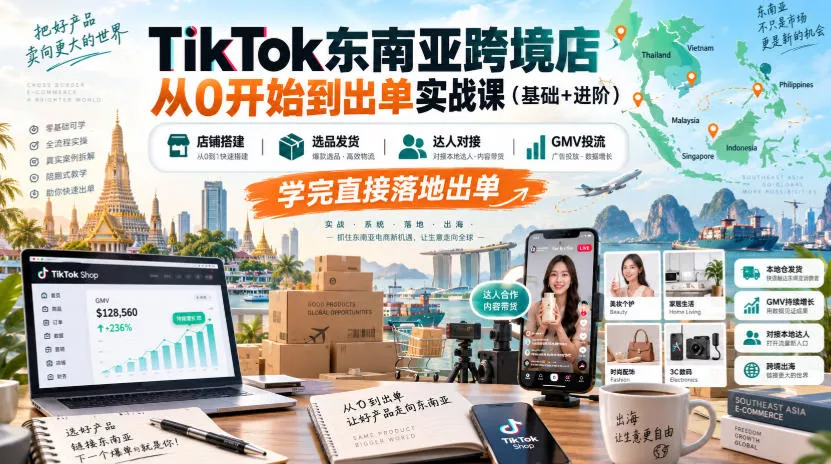 TikTok东南亚跨境店从0开始到出单实战课(基础+进阶)，店铺搭建、选品发货、达人对接、GMV投流，学完直接落地出单-易创网