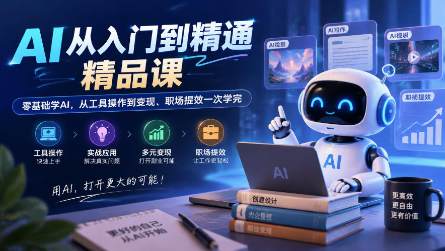 AI从入门到精通精品课，零基础学AI，从工具操作到变现、职场提效一次学完-易创网
