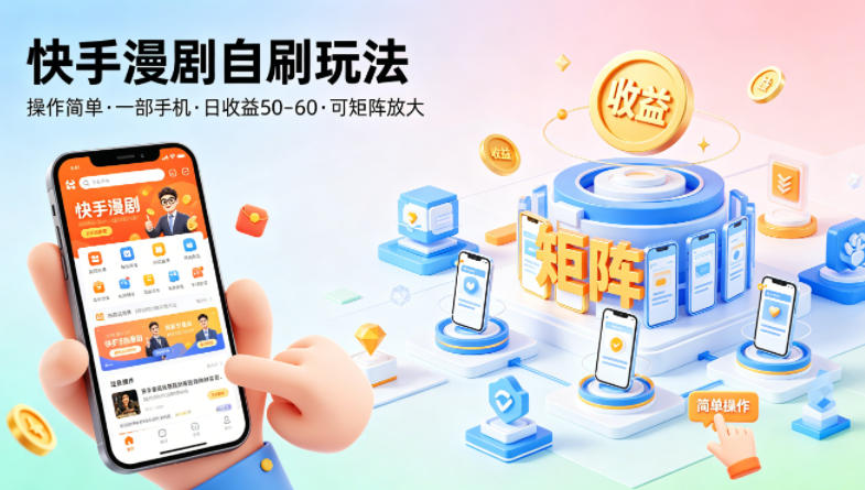快手漫剧自刷玩法，操作简单，一部手机就可以做，一天50-60收益，可矩阵放大【揭秘】-易创网