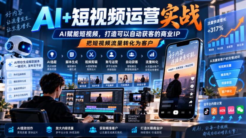 AI+短视频运营实战，AI赋能短视频，打造可以自动获客的商业IP，把短视频流量转化为客户-易创网