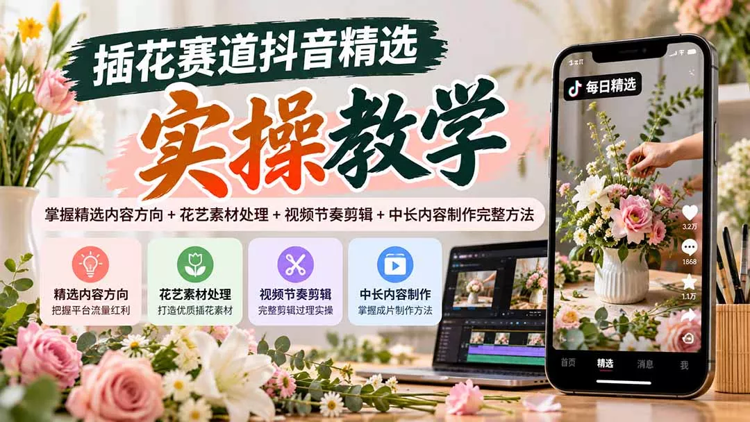 插花赛道抖音精选实操教学:掌握精选内容方向+花艺素材处理+视频节奏剪辑+中长内容制作完整方法 插花赛道抖音精选实操教学:掌握精选内容方向+花艺素材处理+视频节奏剪辑+中长内容制作完整方法