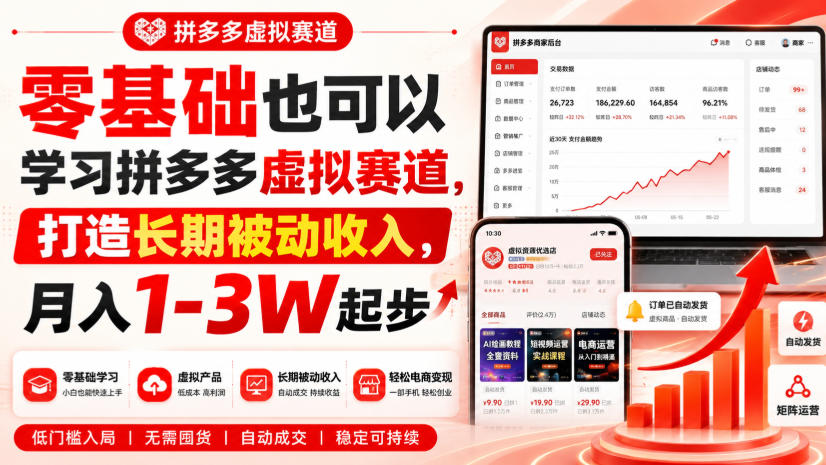 零基础也可以学习拼多多虚拟赛道，打造长期被动收入，月入1-3W起步-易创网