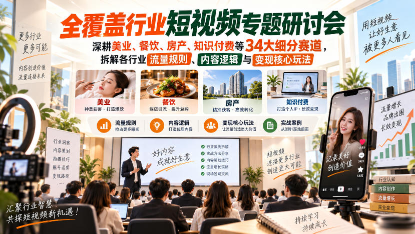 短视频专题研讨会，深耕美业、餐饮、房产、知识付费等34大细分赛道，拆解各行业流量规则、内容逻辑与变现核心玩法-易创网