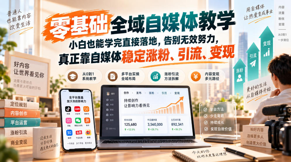 零基础全域自媒体教学，小白也能学完直接落地，告别无效努力，真正靠自媒体稳定涨粉、引流、变现-易创网