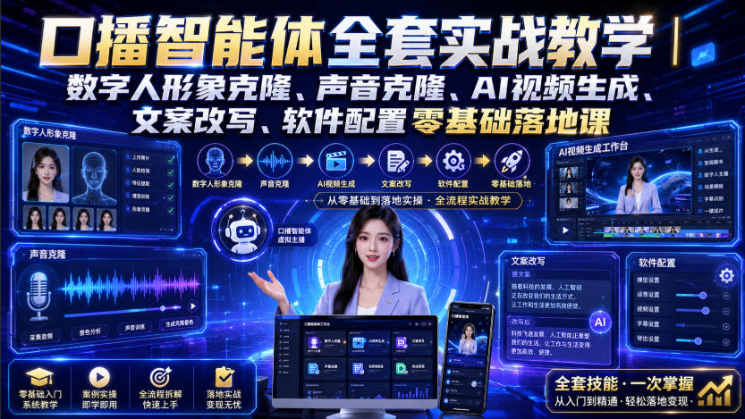 口播智能体全套实战教学｜数字人形象克隆、声音克隆、AI视频生成、文案改写、软件配置零基础落地课-易创网