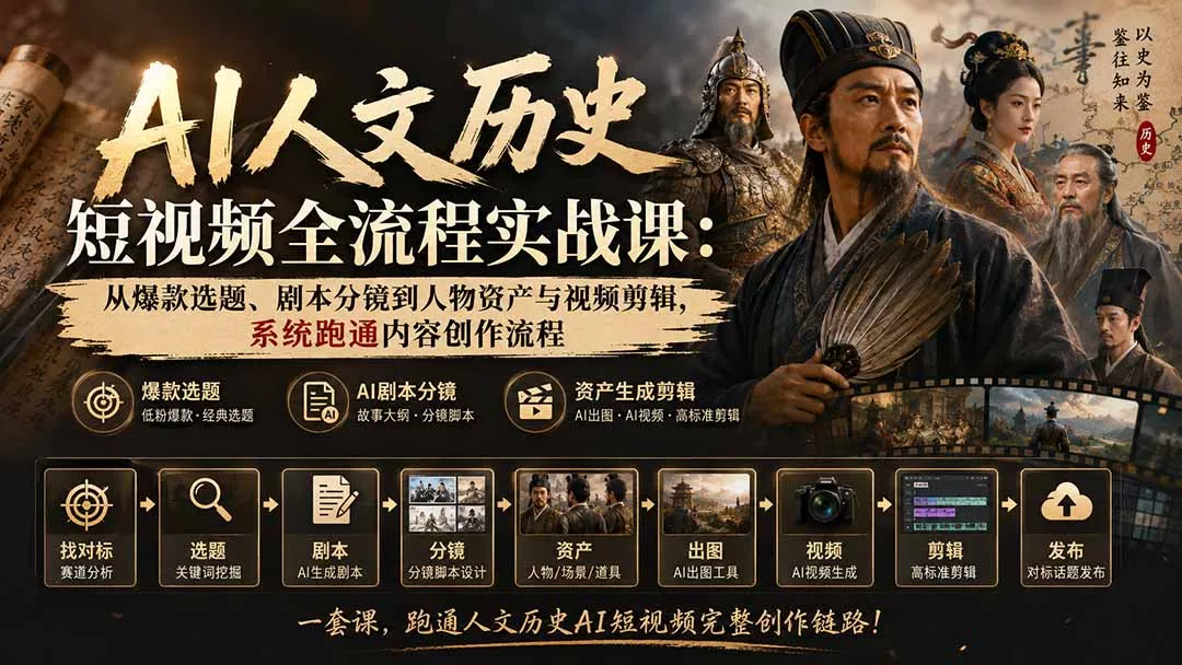AI人文历史短视频全流程实战课：从爆款选题、剧本分镜到人物资产与视频剪辑，系统跑通内容创作流程-易创网