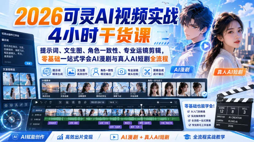 2026可灵AI视频实战4小时干货课｜提示词、文生图、角色一致性、专业运镜剪辑，零基础一站式学会AI漫剧与真人AI短剧全流程-易创网