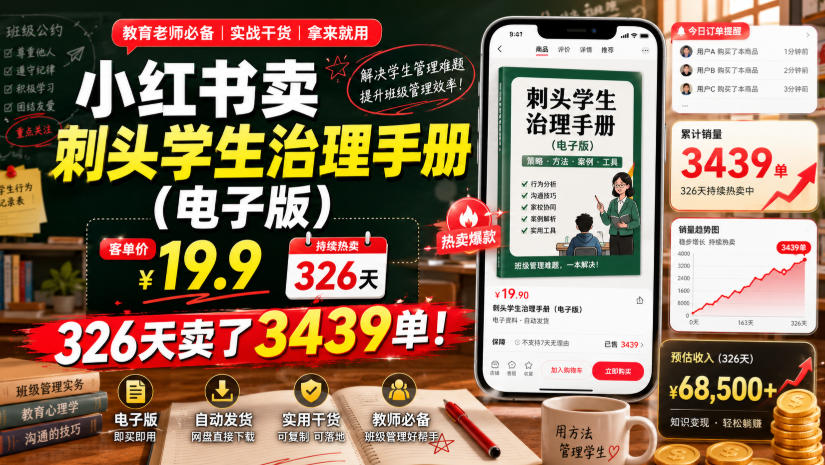 小红书卖刺头学生治理手册（电子版），客单价19.9，326天卖了3439单！-易创网