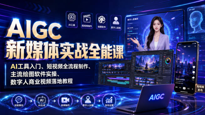 AIGC新媒体实战全能课｜AI工具入门、短视频全流程制作、主流绘图软件实操、数字人商业视频落地教程-易创网