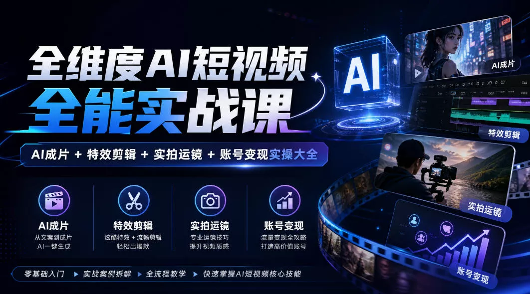 全维度AI短视频全能实战课，AI成片+特效剪辑+实拍运镜+账号变现实操大全-易创网